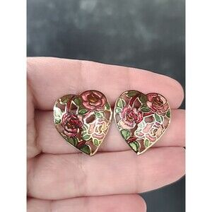 Cloisonne Roses Themed Cutout Heart Shaped Pierced Earrings Vintage READ
